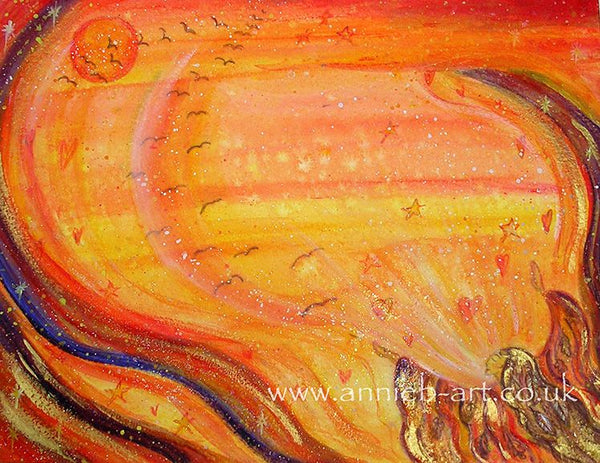  Shaman connecting with air spirits, bird spirit and sun spirit as she opens her arms to the joy of the world on this magnificent sunset painting.  Landscape fine art print available with two options to choose from printed in Cornwall: