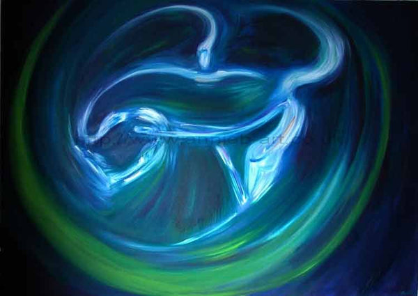 Air spirits dance freely in unity on a dark blue background.  This painting is full of movement and joy and is part of my four directions collection - Air, water, earth and fire    Landscape fine art print available with two options to choose from: