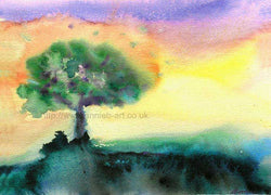 A water colour painting of a gentle happy tree with a purple orange yellow sky.  I paint intuitively and allow the paint to flow and the image to form the magic on the canvas.  Landscape fine art print available with two options to choose from printed in Cornwall: