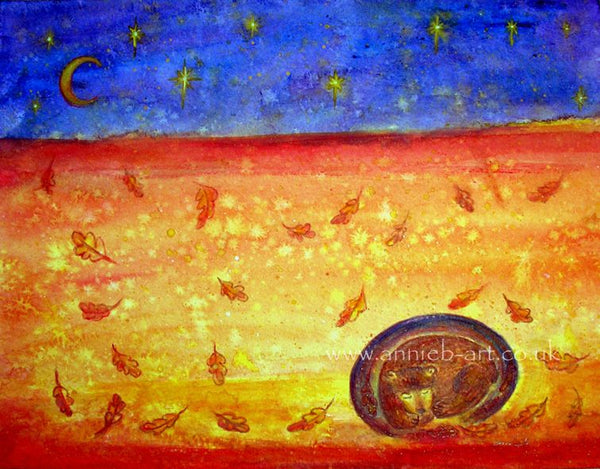 Bear dreaming in the Autumn leaves as he goes deep within teaching us the importance of taking time out to just sit in meditation and check in with kindness and mindfulness observation for healing.  Landscape fine art print available with two options to choose from: