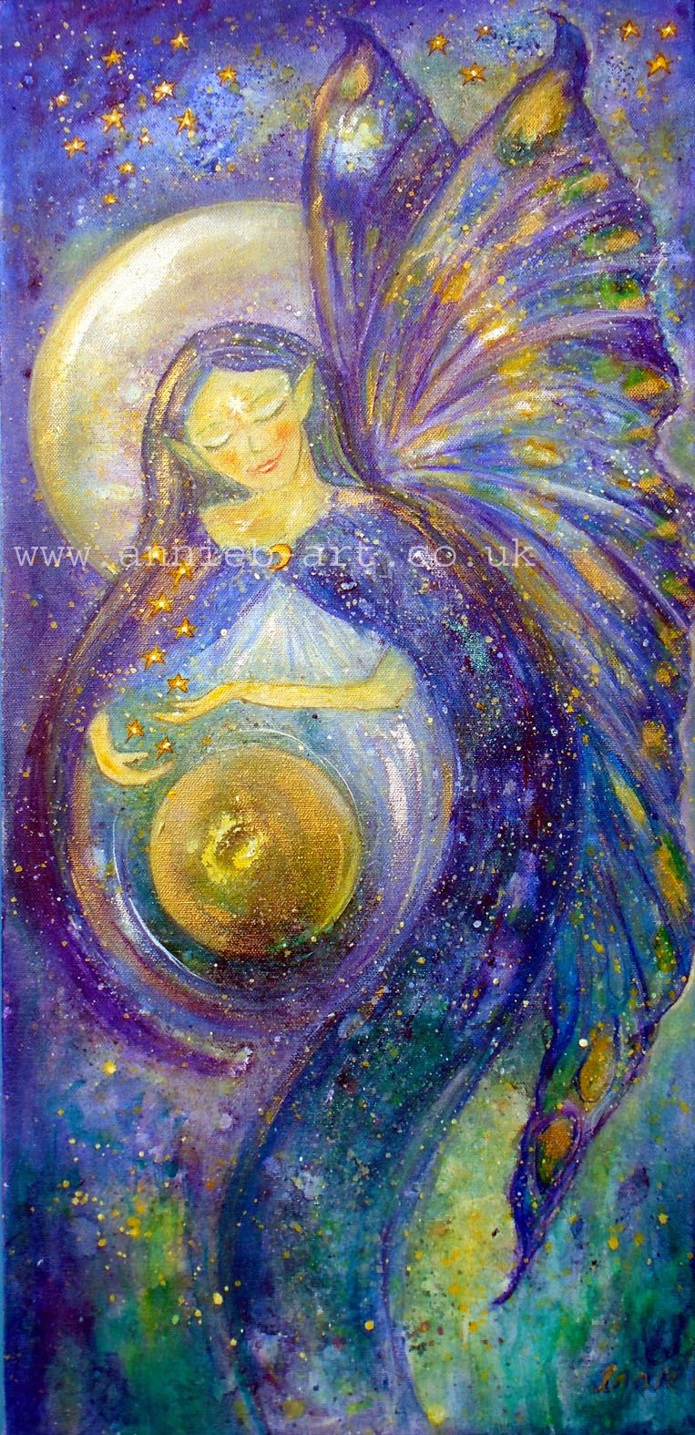 The Fairy of the moon and stars connects us to all the stars and the moon energy... the feminine and her divine wisdom as she holds the full moon and the stars with her gentle energy and butterfly angel wings.    Original painting in mixed media on deep box canvas in blues, purples and turquoises with a hint of sparkle and gold ready for your walls to lift and enhance any home, workspace or meditation centre.  Fae, fairy, elemental, nature spirit art original.  Size approximately 60cm high x 37cm wide