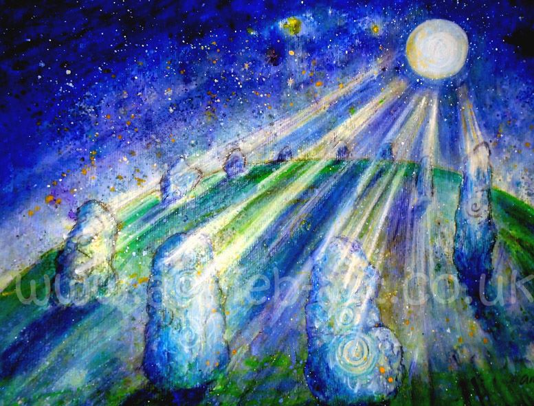 Inspired by the Avebury ancient magic stone circle this painting is full of mystical wonder of the sacred energies of these ancient stones under the light of the full moon.
