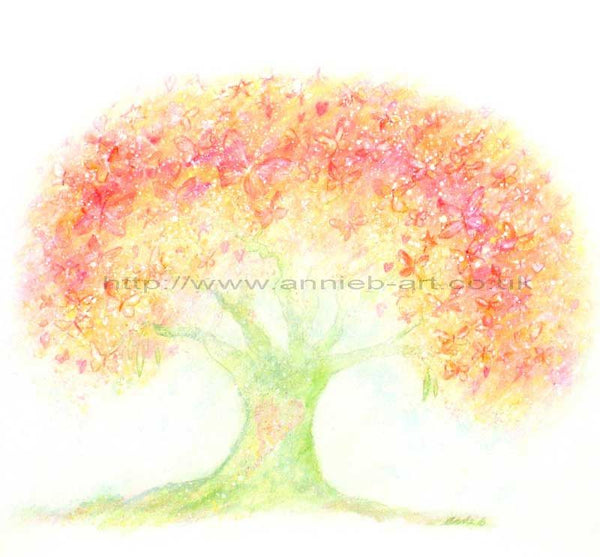 Butterflies gather  in the magical tree forming a beautiful pink blossom - A gentle print full of love and joy  Square format fine art print available with two options to choose from: