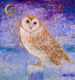 'Owl of Wisdom' original painting by annie b.  Owl sits under a new moon wide eyed watching.  Owls represent wisdom, knowledge, change, transformation, intuitive development, and trusting the mystery. Mixed medium on deep box canvas, with a hint of sparkle and gold  ready to place in your home or work space.