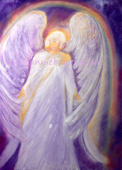 Original sacred large painting of Archangel Gabriel  Mixed medium on hand made paper with a hint of sparkle -image size 72xm x 59cm plus mount and frame  Archangel Gabriel is the messenger from God and often appears to help us with a new direction in life.   He is also a great teacher and assist writers, poets, artists and planners.  Gabriel will watch over your children to help with communication skills, give us strength to keep going.  If you see lots of rainbows know he is close by. 