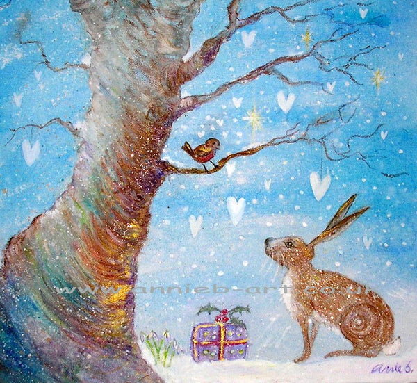 Hare sits beneath a magical tree with a Christmas gift for his friend the little robin.  Snow and hearts fall down gently from a pale blue sky.  A magical winter painting to bring love and joy to any space.  Square format fine art print available with two options to choose from printed in Cornwall:
