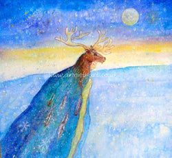 'Elk Spirit Goddess' original painting by annie b.  Elk spirit walks under a full moon on the Winter Solstice  Painted in mixed medium on water colour paper in a flowing gentle style and is mounted and framed with a natural wooden framed ready to place in your home or work place  Framed size : 18"  x 18" / 46cm x 46cm