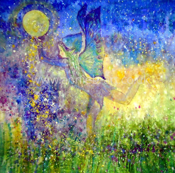 A joyful nature spirit fairy dances through the wild flowers playing with the full moon spirits and elementals teaching us the importance of play.  This image was from my Nature Spirits Oracle card deck.  Square format fine art print available with two options to choose from printed in Cornwall: