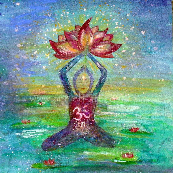 Meditation art.  A buddha figure sits emerged in the beauty of a lily pond in meditation opening their heart to the love of the universe, reaching out with a pink lotus flower.  The Aum symbol represents all of creation and that we are all connected all one.   Square format fine art print available with two options to choose from printed in Cornwall: