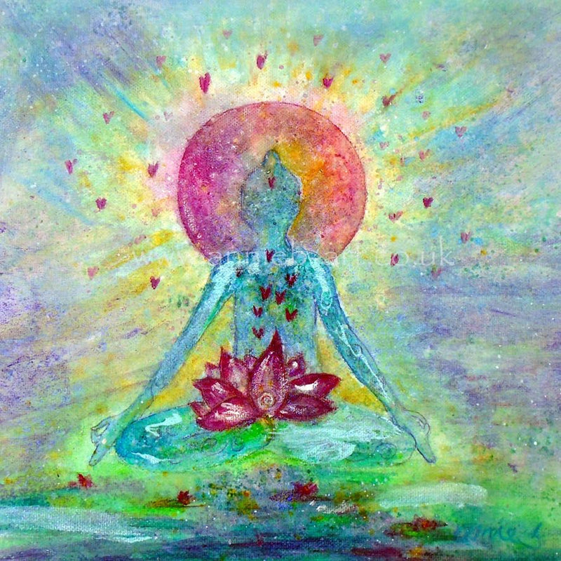 An original painting inspired by the practice of meditation and the connectedness of all things.. from the heart.  A buddha type figure sits in meditation sending loving kindness out to the world.  Mixed medium paint on deep box canvas ready to uplift any space. Art for meditation studio, theraphy room, tranquil home, office or spa. Bright colours and a touch of sparkle and iridescent paint.  Meditation art. Canvas size  30cm x 30cm