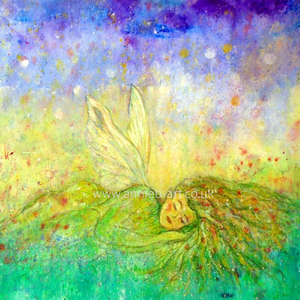 An inspiring image of a gentle butterfly nature spirit sleeping in the flowers, connecting to mother earth and all her love  Square format fine art print available with two options to choose from: