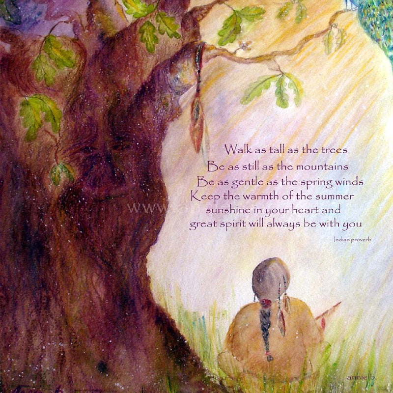 Walk as tall as the trees - inspirational words art PRINT.  A shaman figure sits beneath a wise old tree contemplating life.  Inspirational word art print to inspire and uplift.  Shamanistic art prints.  Square format fine art print available with two options to choose from printed in Cornwall: