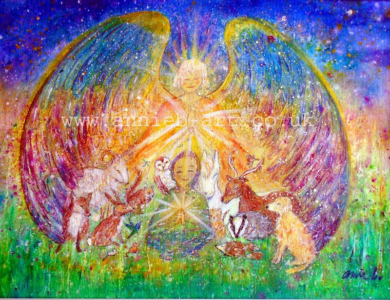 Connecting with all the beautiful souls of our world. An inspirational painting for your children to help connect them and the whole family to the magic of the world and all who live on earth..  Created with mixed medium and a hint of sparkle on water colour paper.  This painting will be mounted and framed in a natural wooden frame, ready for your walls  Size including frame is  approximately 40xm x 45cm