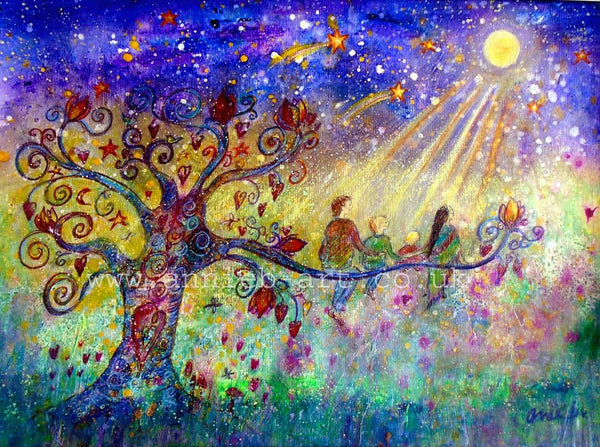 A family sit in the magical tree of life under the magic of the full moon and shooting stars.... An inspirational painting for your children to help connect thema and the whole family to the magic of the world and the moment.  A mixed medium painting on watercolour paper, mounted and framed in a pine natural frame, ready for your walls  size including frame is  approximately 40xm x 45cm