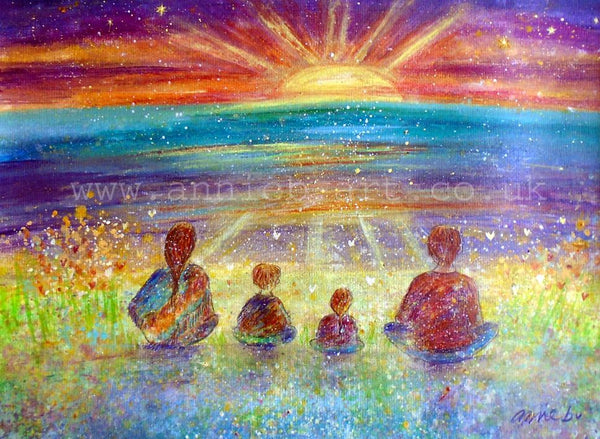 A family sit together enjoying each moment as they watch the golden sun disappear into the turquoise ocean. An inspirational painting for your children to help connect them and the whole family to the magic of the world and the moment. Meditation mindful art  A mixed medium painting on watercolour paper, mounted and framed in a pine natural frame, ready for your walls