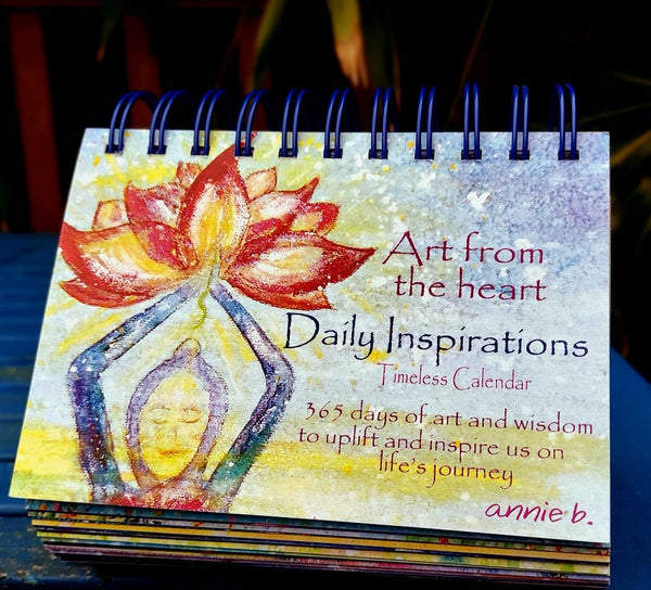 Flip the page each day to find a beautiful annie b. art image and inspiring words to ponder throughout the day- to help uplift and inspire as well as embrace the tranquillity of each moment .  A sustainable 365 day desk calendar printed locally with love on recycled paper and card here in Cornwall that just keeps going year after year. .Order yours now for the perfect gift... for loved ones. Trees art, hares, birds, hearts and all things inspirational