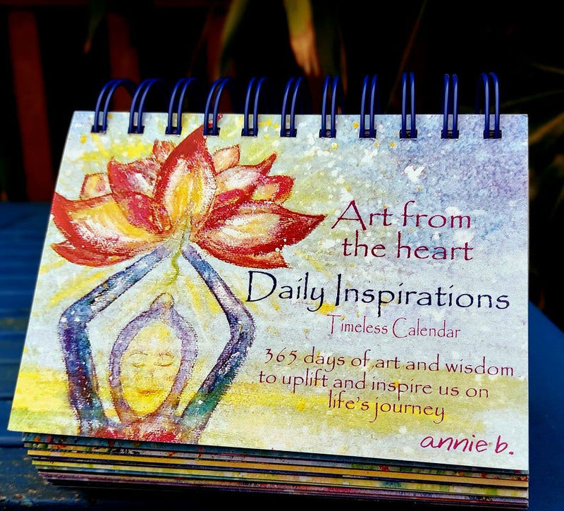 Flip the page each day to find a beautiful annie b. art image and inspiring words to ponder throughout the day- to help uplift and inspire as well as embrace the tranquillity of each moment .  A sustainable 365 day desk calendar printed locally with love on recycled paper and card here in Cornwall that just keeps going year after year. .Order yours now for the perfect gift... for loved ones. Trees art, hares, birds, hearts and all things inspirational