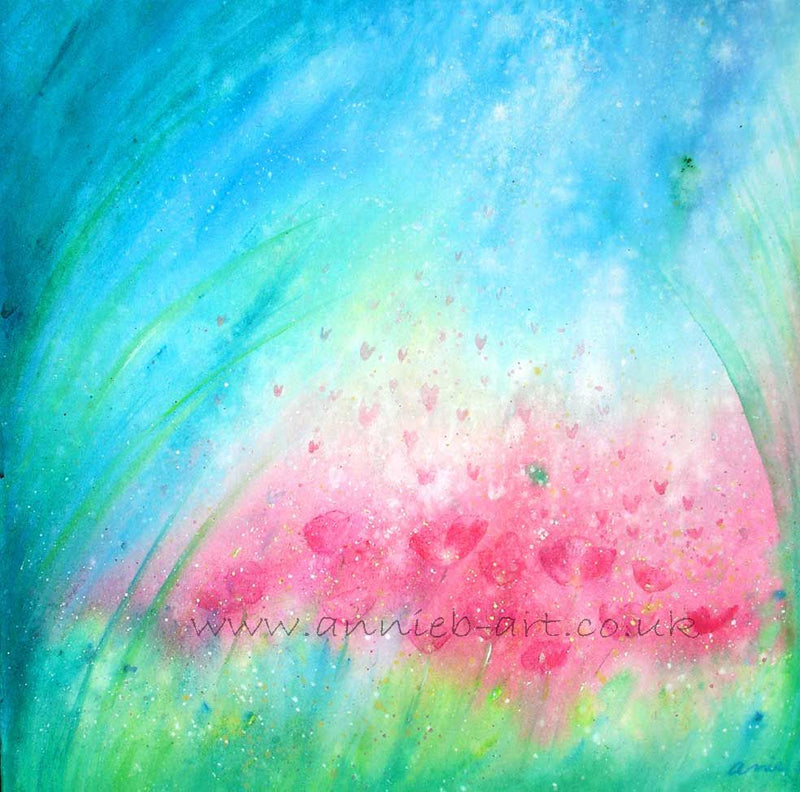 'dreamy poppies' original artwork on deep edge canvas.  Poppy art.  Dreamy poppies float lovingly in to the azure blue sky....  A soft dreamy image in pinks blues and greens in a Monet painting style to bring peace and tranquillity to any space   Painting size 60cm x 60cm  an original painting by annie b. mixed media on deep boxed canvas with a hint of sparkle ideal to add some calm to your home, office or spa