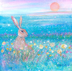 Hare sits in a field full of wild flowers under a turquoise sky feeling the love and joy of the moment   Mixed media on deep edge boxed canvas 