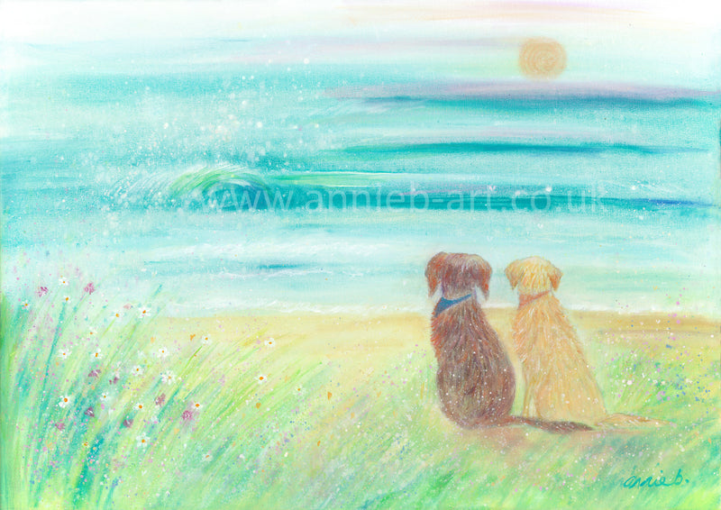 Paintings of dogs on beach in Cornwall by annie b. 