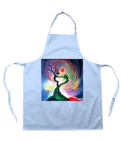 A blue cotton mix apron with annie b.'s best selling 'Dancing tree spirits' design, the perfect gift to yourself or your loved ones.