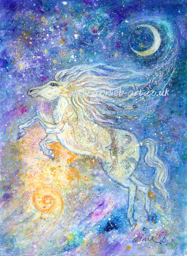 Horse spirit - The goddess merges with the white stallion and all his power, under a magical sky and new moon.  Horse can teach us many things, - but the most important I believe is freedom and that deep within we can find the strength to be who we really are and walk our own sacred path.  This image is from my Animal wisdom card deck being currently created.  Portrait fine art print available with two options to choose from: