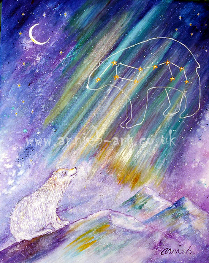 This painting is full of magic and light as the ice bear connects with the Great star bear Ursa major,  in the sky surrounded by the magical northern lights.  The perfect painting to bring joy and magic to  your home especially a child's bedroom  Portrait fine art print available with two options to choose from: