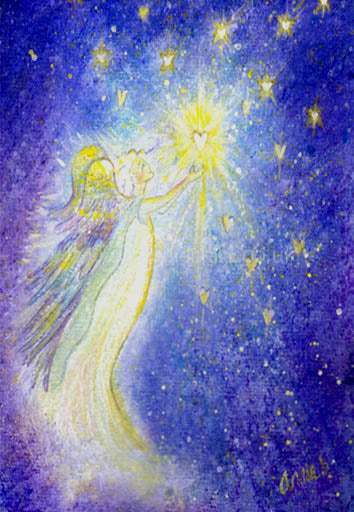 A white angel with rainbow wings reaches up to the stars to send love and healing to the world.