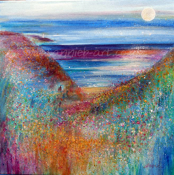 'Serenity in Porthtowan' is a magical painting by Cornish artist annie b. of the magnificent aqua blue turquoise ocean lapping up the beach surrounded by the abundance of wild flowers under a new moon sky. Hearts of joy float up to the heavens above. Mixed medium on deep edge box canvas with a hint of sparkle - size 50cm x 50cm ready for your walls. Ideal to bring love and joy to your home, yoga studio, meditation room or work place.