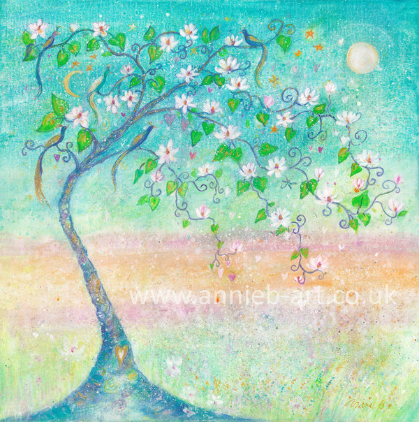 This magical magnolia tree painting by Cornish artist annie b. reaches out to a turquoise sky with it's large exotic flowers and birds with an oriental feels.  Spring is a magical time of year and the first blossoms give us so much hope and joy as they burst into flower so early in the year 