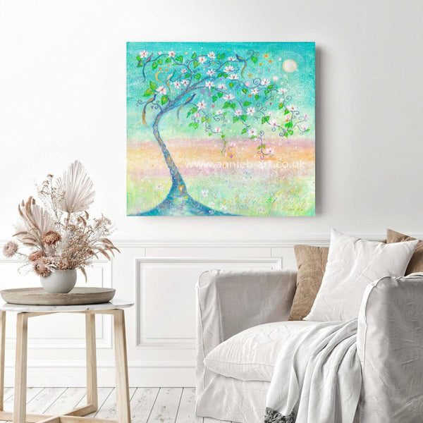 This magical magnolia tree painting by Cornish artist annie b. reaches out to a turquoise sky with it's large exotic flowers and birds with an oriental feels.  Spring is a magical time of year and the first blossoms give us so much hope and joy as they burst into flower so early in the year 