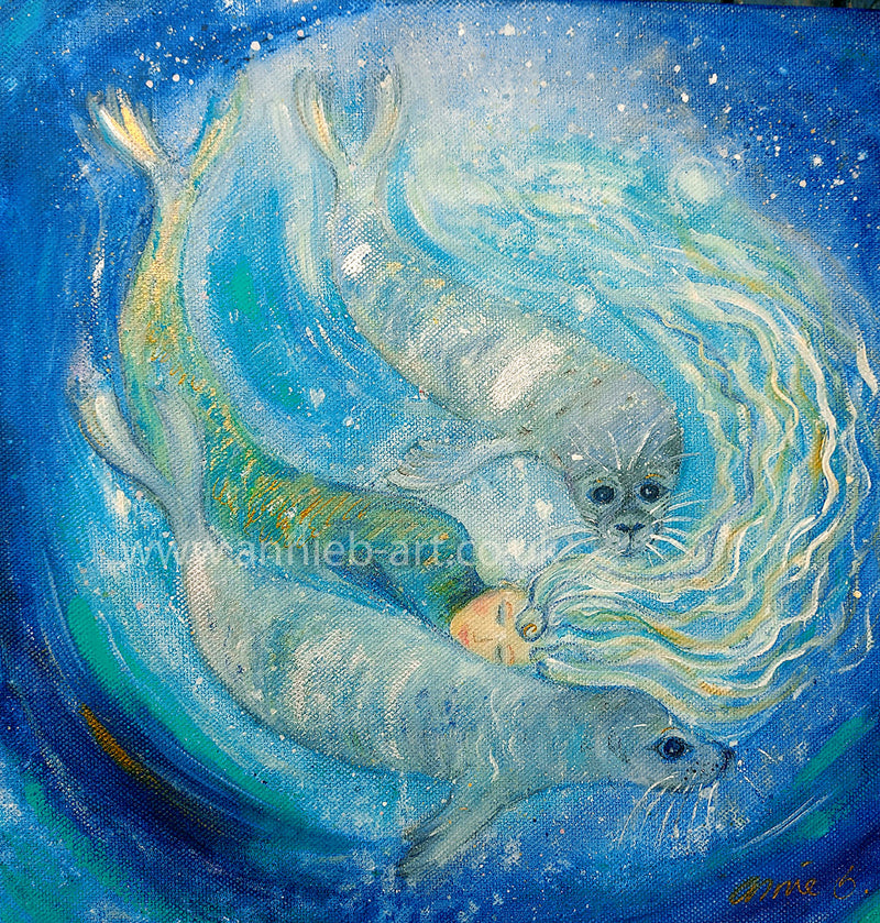 She swims with the seals remembering her Selkie self and the Celtic legends ...  A small original painting in mixed media on deep edge boxed canvas with a hint of gold and sparkle ready for your walls  Size 30cm x 30cm . Selkie. Seal folk. Celtic art. Celtic legend