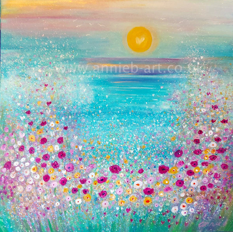 This magical painting by Cornish artist annie b. captures the wonderful light and magic of the summer sunshine shining on the turquoise ocean surrounded by the beautiful wild flowers in a Cornish bay   A mixed medium painting on deep edge boxed canvas with a hint of sparkle, ready for your walls to uplift any space in your home or workspace  Painting size -  -  60cm x 60cm