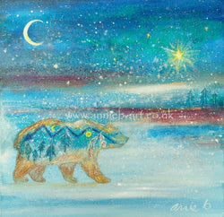 This magical painting by Cornish artist annie b. is now available as a print. Bear spirit walking across a magical landscape dreaming of all the land, stars , snow and trees.  Bear teaches us to go within to dream.  Bear also teaches us to connect to our inner strength, power & confidence ,to self  heal, grounding and introspection.  Animal wisdom art, animal spirit, totem animal.