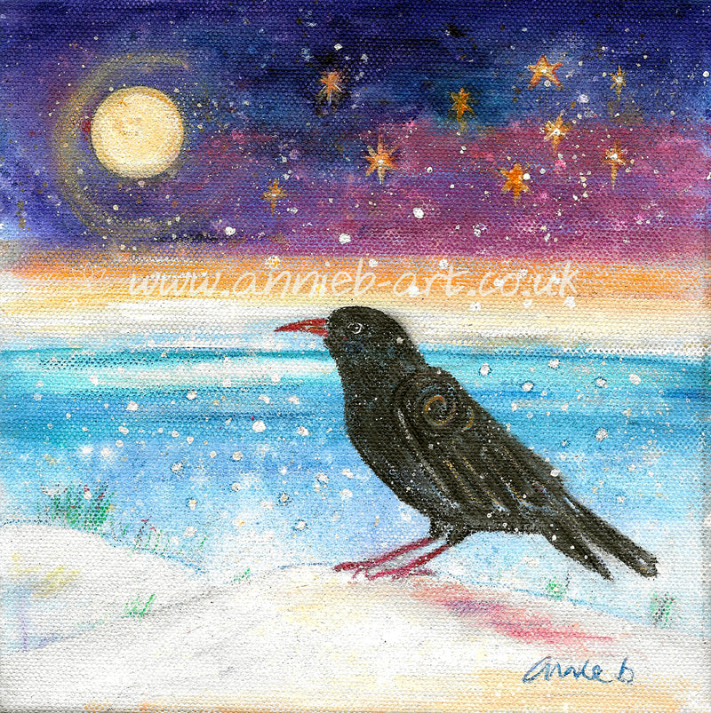 The magical black Chough with his red beak and legs sits on a Cornish cliff under a full moon and starry sky as the snow gently falls over the ocean.   Mixed media on deep edge boxed canvas with a hint of sparkle in the moon.  Size 20cm x 20cm 