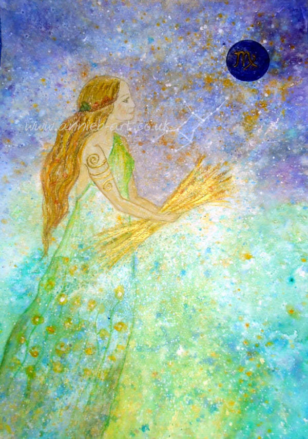 This beautiful painting incorporates the characteristics of Virgo the earth sign and relating planets.... and is painted in mixed medium on heavy watercolour paper in acrylic with a touch of gold and sparkle.  Virgo, the sixth sign of the zodiac, -  August 23rd and September 22nd.  They can be  virtuous, intelligent, generous, optimistic and kind.