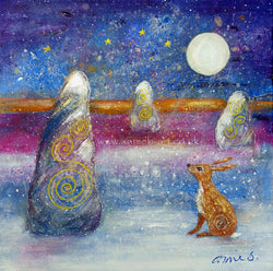 A magical hare sits within the ancient stone circle connecting to the land and the ancestors under a full moon starry sky.   A small original painting in mixed media on deep edge boxed canvas with a hint of gold and sparkle . pagan art, stone circle art