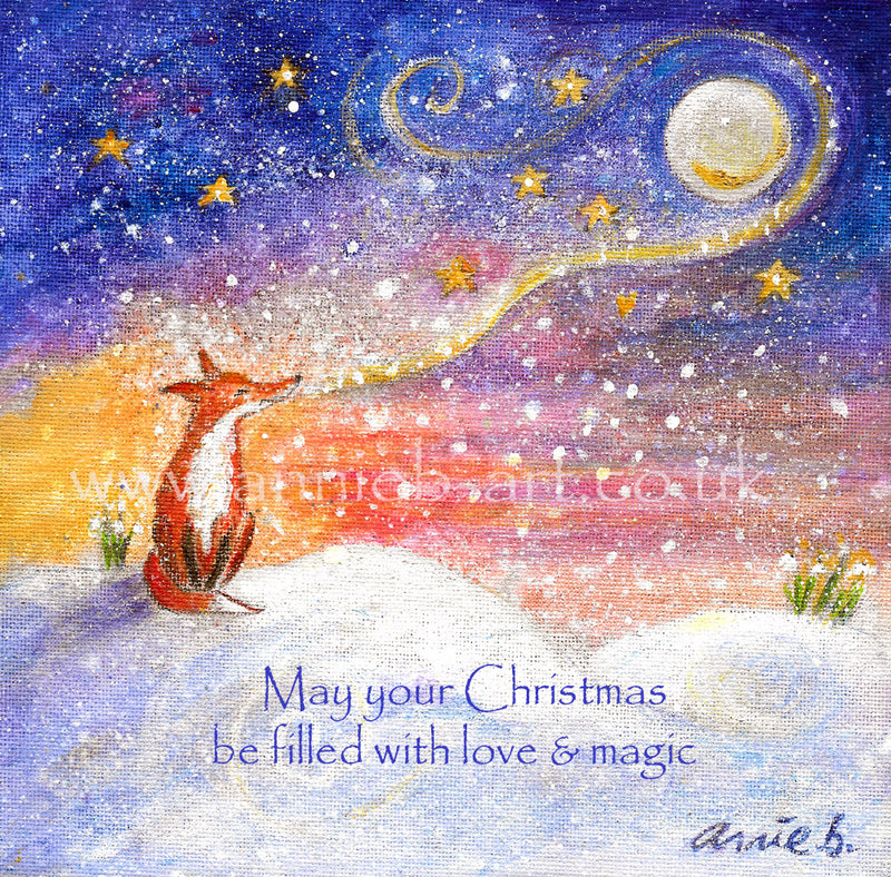 A mixed pack of 9 0f annie b.'s delightful Christmas cards.  x 3 'Magical fox', x 3 'Hare and his good friend Robin' ,x3  'Cornish Chough under a starry sky'  Each card is blank inside for your personal message.  All my cards are 100% recycled and printed locally in Cornwall.  Card size  approximately 15cm x 15cm with brown envelope. 