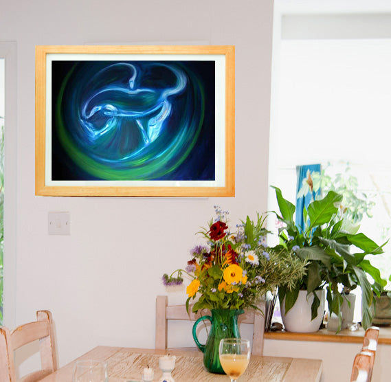 Air spirits dance freely in unity on a dark blue background. This painting is full of movement and joy and is part of my four directions collection - Air, water, earth and fire Landscape fine art print available with two options to choose from: