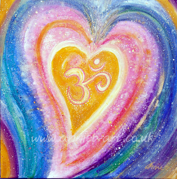 This mixed medium painting on deep edge canvas is full of love and light as the Aum symbol is shining out this divine love to you in yellows, pinks, purples, greens and blues with a hint of gold and sparkle. The perfect painting for your theraphy room, yoga studio, work space, home or retreat.   Size 40cm x 40cm   deep edge box canvas ready for your walls