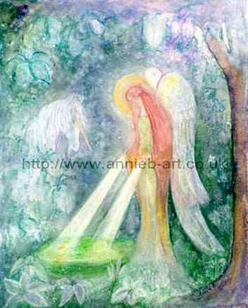 An angel shines her light over the sacred Chalice well at Glastonbury and is joined by a beautiful unicorn.  Soft water colour style in purples, greens and white make this a truly magical image.  Landscape format fine art print available with two options to choose from: