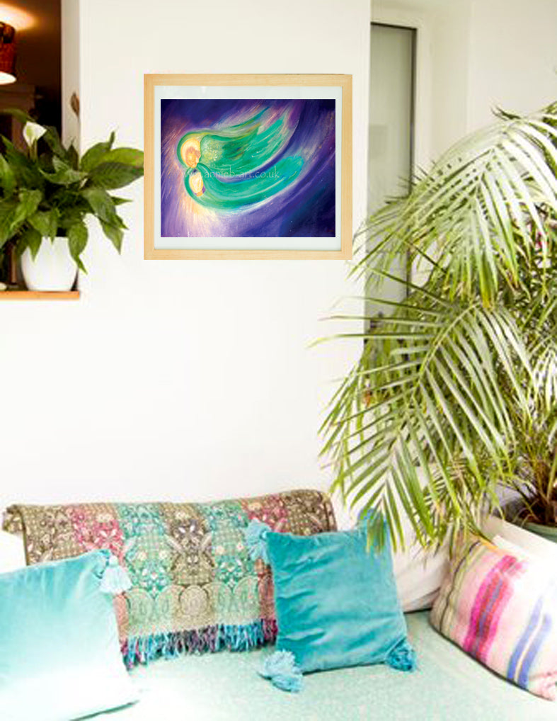 A beautiful turquoise green angel flies through the mystical purple heavens shining her light down to earth, carrying a golden heart full of love. Landscape fine art print available with two options to choose from:  Framed in a light wooden frame made in Cornwall or unframed