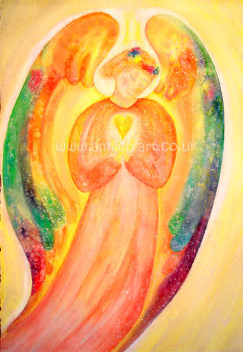The golden Angel of Grace sends her beautiful healing energy out to the world.  A water colour image in soft yellows, orange, and gold.  A beautiful calming image for your home, workspace or treatment room.  Landscape fine art print available with two options to choose from