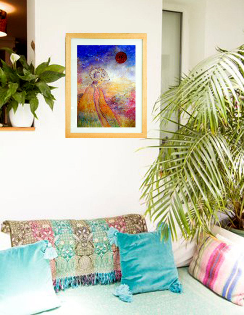 This beautiful painting of the Aries horoscope sign incorporates the characteristics of Aries the fire sign - .impulsive, energetic, dynamic exploratory.  Aries the ram symbolizing brave determination and leadership. It also symbolises the first burst of spring and the renewal of the solar energy..   Portrait fine art print available with two options to choose from: