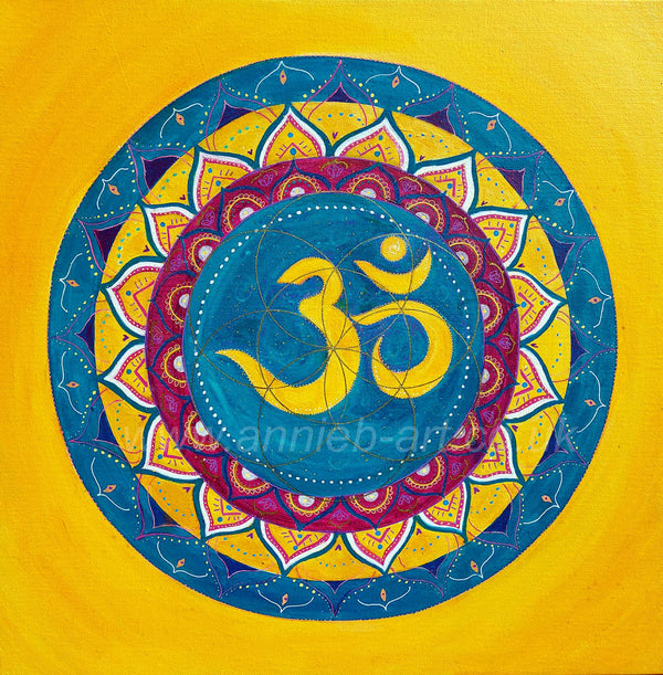 An original painting in mixed medium on deep edged box canvas sprinkled with gold and a hint of magic to uplift any space.  The sacred aum symbol sits within the seed of life within a mandala.  The “AUM” symbol  symbolizes the Universe and the ultimate reality - all that has been, is and will ever be and is a holy sound, symbol and word of great power and meaning.   Aum is a holy sound that resonates the primal sound creation of the universe.   Sit with this painting in meditation