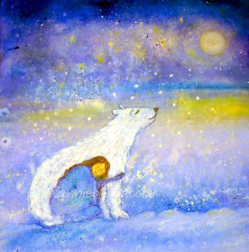 'The bear and the girl'  a heart warming painting - the perfect magical inspirational art print for any children's bedroom.  The ice bear protects the girl as the snow gently falls down under a full moon.  Square format fine art print available with two options to choose from printed in Cornwall: Polar bear painting. 