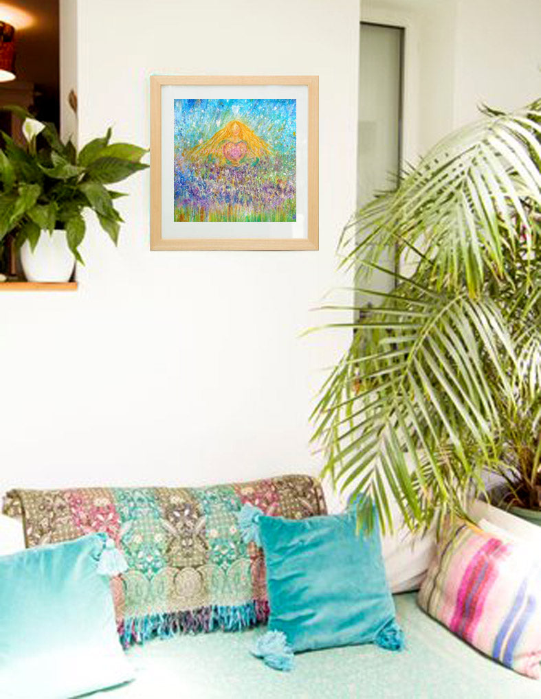 'Be open to the beauty of the earth'  a magical painting inspired by the love and joy of nature.  A goddess sits blissfully emerged in the  nurturing beauty of  mother earth, surrounded by flowers, love  and holds a big  pink heart.  Square format fine art print available with two options to choose from