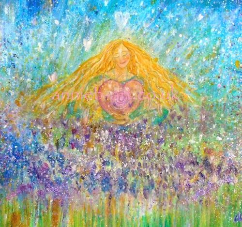 'Be open to the beauty of the earth'  a magical painting inspired by the love and joy of nature.  A goddess sits blissfully emerged in the  nurturing beauty of  mother earth, surrounded by flowers, love  and holds a big  pink heart.  Square format fine art print available with two options to choose from