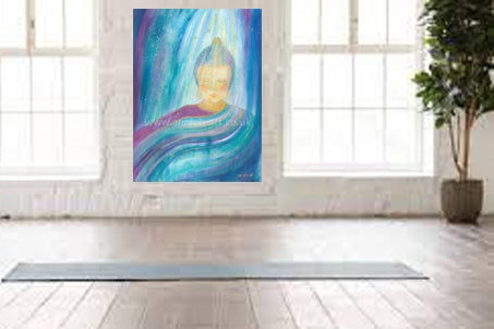 This large serene painting by Cornish artist annie b. depicts a blissful buddha figure surrounded by light and butterflies.  A large painting to remind us, Buddha is always bigger than our worries.   A mixed medium painting on deep edge boxed canvas with a hint of sparkle and gold, ready for your walls to uplift any space in your home, workspace, yoga studio or meditation room