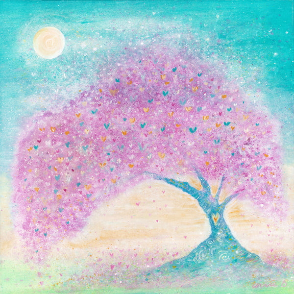 Pale pink blossom and hearts adorn this magical tree against a turquoise sky and full moon., Spring is a magical time of year and the first blossoms give us so much hope and joy as they burst into flower so early in the year   A mixed medium painting on deep edge boxed canvas with a hint of sparkle and gold, ready for your walls to uplift any space by annie b.